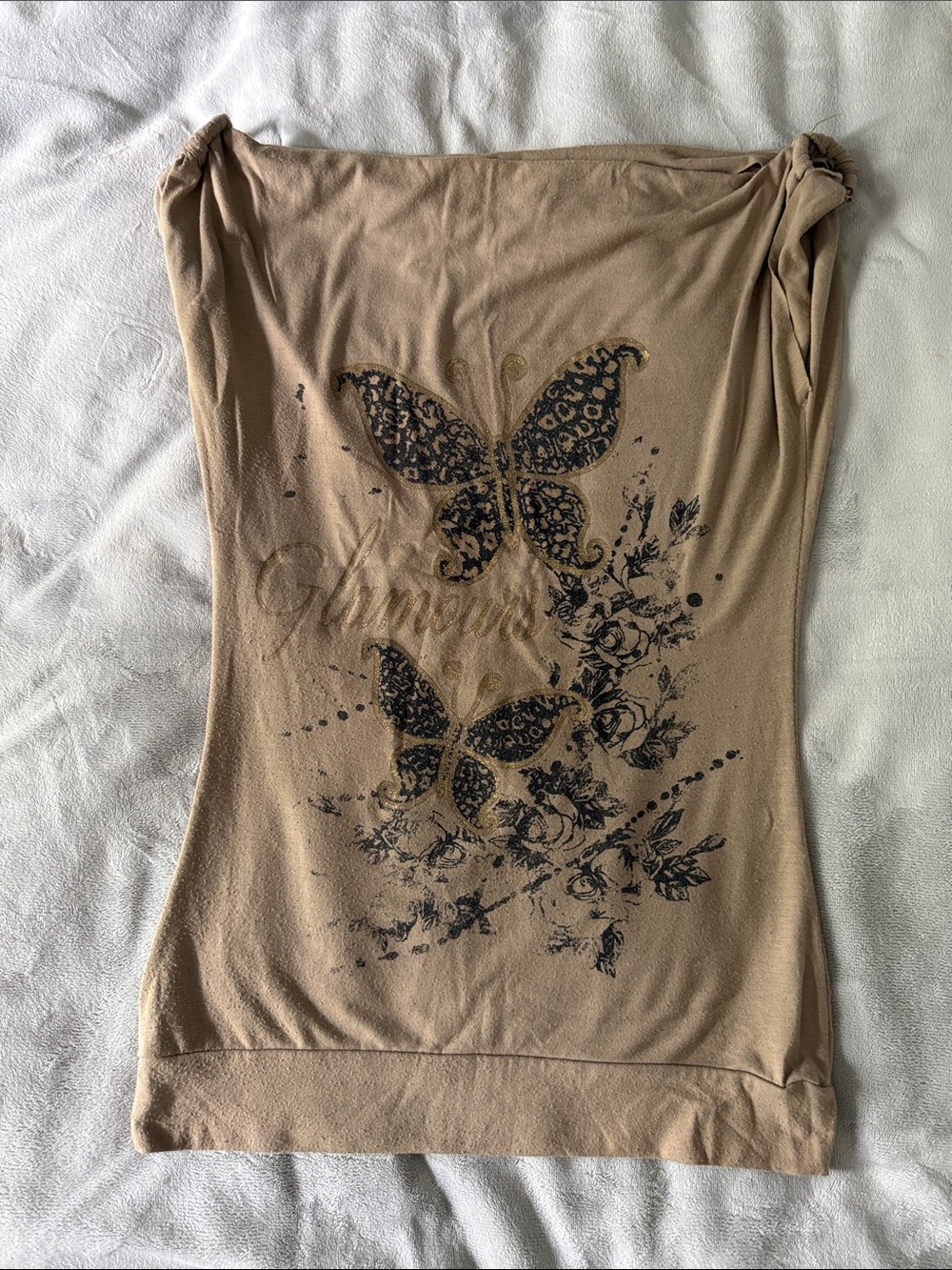 Y2K Butterfly Floral Off Shoulder Top Beige Size Small